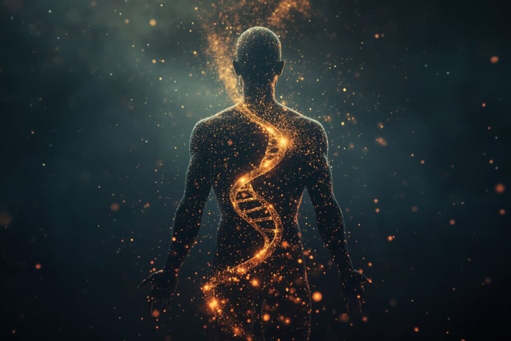 ადამიანის სილუეტი, რომელიც შედგება ვარსკვლავებისგან და დნმ-ის ჯაჭვისგან.